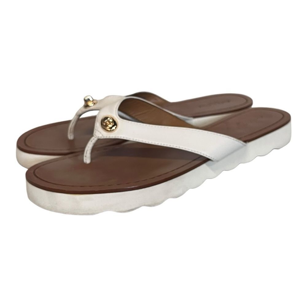 Coach White Leather Gold Accent Thong Sandals
